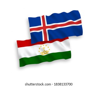 Banderas de olas de tela vectorial nacional de Tayikistán e Islandia aisladas en fondo blanco. de 1 a 2.