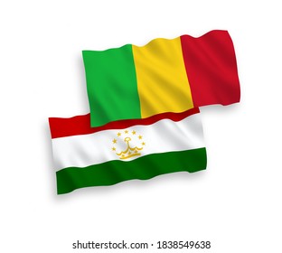 National vector fabric wave flags of Tajikistan and Mali isolated on white background. 1 to 2 proportion.