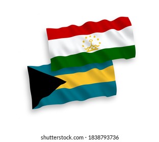 Banderas de olas de tela vectorial nacional de Tayikistán y del Commonwealth de las Bahamas aisladas de fondo blanco. de 1 a 2.