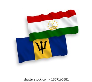 National vector fabric wave flags of Tajikistan and Barbados isolated on white background. 1 to 2 proportion.