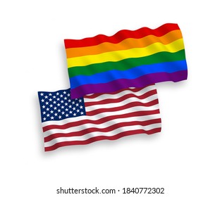 National vector fabric wave flags of Rainbow gay pride and USA isolated on white background. 1 to 2 proportion.