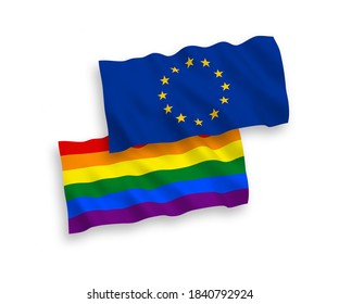 National vector fabric wave flags of European Union and Rainbow gay pride isolated on white background. 1 to 2 proportion.