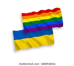 National vector fabric wave flags of Rainbow gay pride and Ukraine isolated on white background. 1 to 2 proportion.