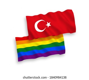National vector fabric wave flags of Turkey and Rainbow gay pride isolated on white background. 1 to 2 proportion.