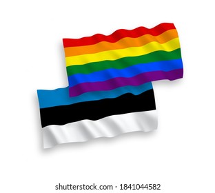 Nationale Vektor-Wellen-Flaggen von Estland und Regenbogen-Homosexuell-Stolz einzeln auf weißem Hintergrund. 1 bis 2 %.