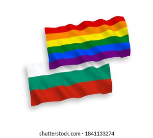 National vector fabric wave flags of Bulgaria and Rainbow gay pride isolated on white background. 1 to 2 proportion.