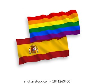 National vector fabric wave flags of Rainbow gay pride and Spain isolated on white background. 1 to 2 proportion.