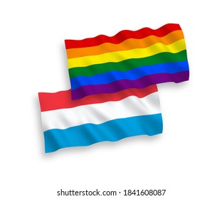 National vector fabric wave flags of Rainbow gay pride and Luxembourg isolated on white background. 1 to 2 proportion.