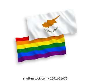 National vector fabric wave flags of Cyprus and Rainbow gay pride isolated on white background. 1 to 2 proportion.