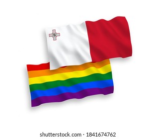 Banderas nacionales de tela vectorial ondean banderas de Malta y orgullo gay arcoiris aislados en fondo blanco. de 1 a 2.