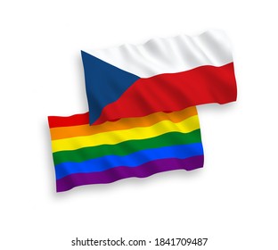 Banderas nacionales de tela vectorial ondean banderas de la República Checa y el orgullo gay arcoiris aislado de fondo blanco. de 1 a 2.