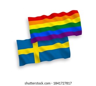 Nationale Vektor-Wellen-Flaggen von Schweden und Regenbogen-Homosexuell-Stolz einzeln auf weißem Hintergrund. 1 bis 2 %.