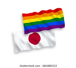 National vector fabric wave flags of Japan and Rainbow gay pride isolated on white background. 1 to 2 proportion.