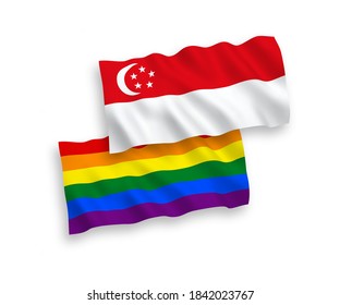 National vector fabric wave flags of Rainbow gay pride and Singapore isolated on white background. 1 to 2 proportion.