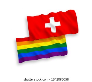 National vector fabric wave flags of Rainbow gay pride and Switzerland isolated on white background. 1 to 2 proportion.