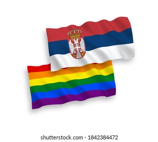 National vector fabric wave flags of Rainbow gay pride and Serbia isolated on white background. 1 to 2 proportion.