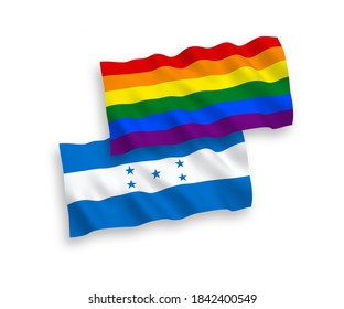 National vector fabric wave flags of Rainbow gay pride and Honduras isolated on white background. 1 to 2 proportion.