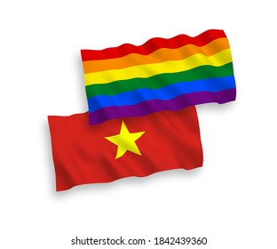Banderas de tela vectorial nacional ondean banderas del orgullo gay arcoiris y Vietnam aislado en un fondo blanco. de 1 a 2.