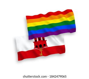 National vector fabric wave flags of Rainbow gay pride and Gibraltar isolated on white background. 1 to 2 proportion.