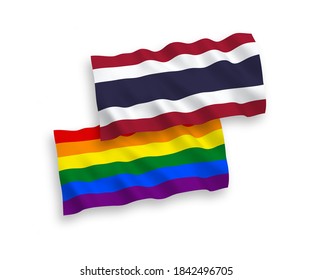 Nationale Vektor-Wellen-Flaggen von Rainbow-Gay-Stolz und Thailand einzeln auf weißem Hintergrund. 1 bis 2 %.