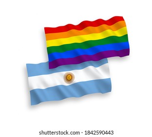 National vector fabric wave flags of Rainbow gay pride and Argentina isolated on white background. 1 to 2 proportion.
