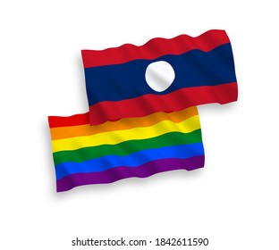 National vector fabric wave flags of Rainbow gay pride and Laos isolated on white background. 1 to 2 proportion.