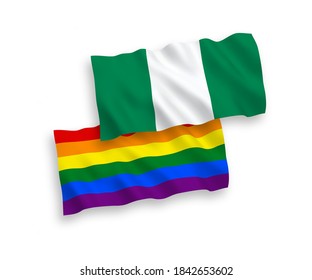 National vector fabric wave flags of Rainbow gay pride and Nigeria isolated on white background. 1 to 2 proportion.