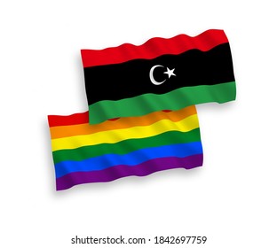 Banderas de la tela vectorial nacional ondean banderas del orgullo gay arcoiris y Libia aislada en un fondo blanco. 