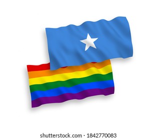 National vector fabric wave flags of Rainbow gay pride and Somalia isolated on white background. 1 to 2 proportion.