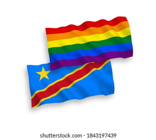 National vector fabric wave flags of Rainbow gay pride and Democratic Republic of the Congo isolated on white background. 1 to 2 proportion.