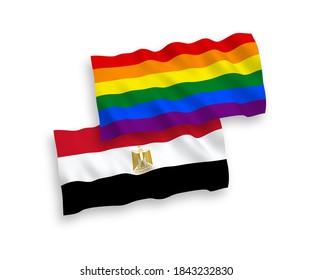 National vector fabric wave flags of Rainbow gay pride and Egypt isolated on white background. 1 to 2 proportion.