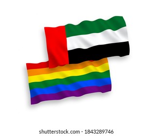 National vector fabric wave flags of Rainbow gay pride and United Arab Emirates isolated on white background. 1 to 2 proportion.