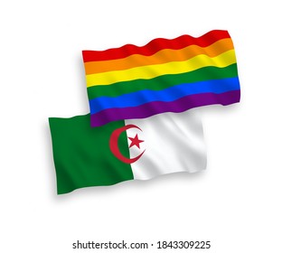 National vector fabric wave flags of Rainbow gay pride and Algeria isolated on white background. 1 to 2 proportion.