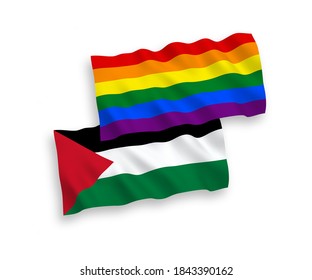 National vector fabric wave flags of Rainbow gay pride and Palestine isolated on white background. 1 to 2 proportion.