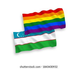 National vector fabric wave flags of Rainbow gay pride and Uzbekistan isolated on white background. 1 to 2 proportion.