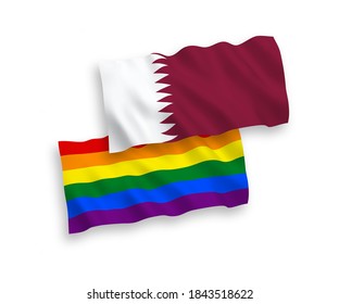 National vector fabric wave flags of Rainbow gay pride and Qatar isolated on white background. 1 to 2 proportion.