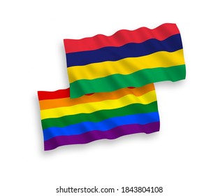 Nationale Vektor-Wellen-Flaggen von Rainbow-Gay-Stolz und Republik Mauritius einzeln auf weißem Hintergrund. 1 bis 2 %.