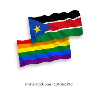 Banderas de tela vectorial nacional ondean banderas del orgullo gay arcoiris y la República de Sudán del Sur aislada en un fondo blanco. de 1 a 2.