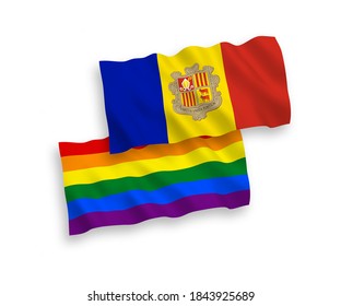 National vector fabric wave flags of Rainbow gay pride and Andorra isolated on white background. 1 to 2 proportion.