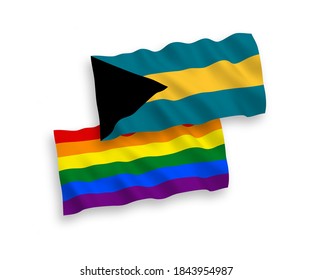 National vector fabric wave flags of Rainbow gay pride and Commonwealth of The Bahamas isolated on white background. 1 to 2 proportion.