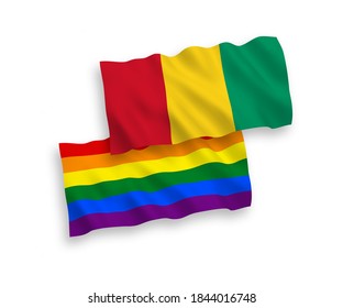 National vector fabric wave flags of Rainbow gay pride and Guinea isolated on white background. 1 to 2 proportion.