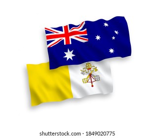 National vector fabric wave flags of Australia and Vatican isolated on white background. 1 to 2 proportion.
