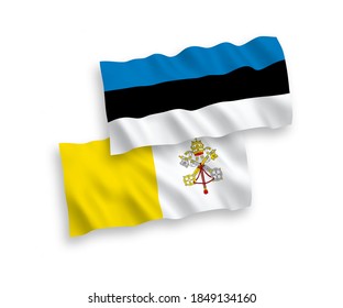 National vector fabric wave flags of Estonia and Vatican isolated on white background. 1 to 2 proportion.