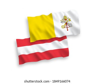 National vector fabric wave flags of Austria and Vatican isolated on white background. 1 to 2 proportion.