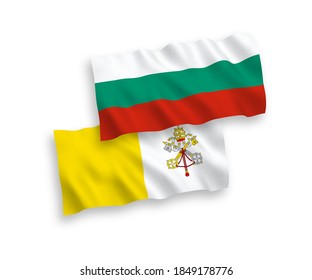 National vector fabric wave flags of Bulgaria and Vatican isolated on white background. 1 to 2 proportion.