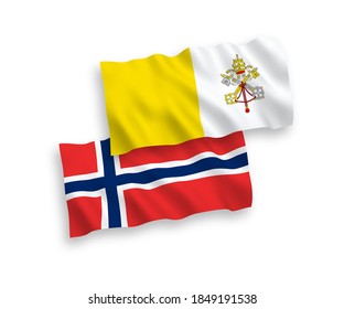 National vector fabric wave flags of Norway and Vatican isolated on white background. 1 to 2 proportion.