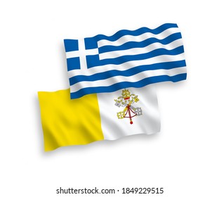 National vector fabric wave flags of Greece and Vatican isolated on white background. 1 to 2 proportion.