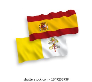 National vector fabric wave flags of Vatican and Spain isolated on white background. 1 to 2 proportion.