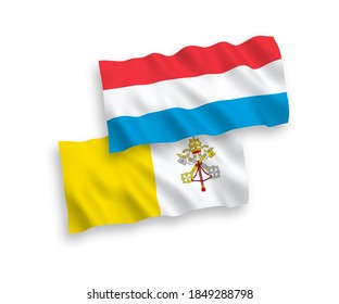 National vector fabric wave flags of Vatican and Luxembourg isolated on white background. 1 to 2 proportion.