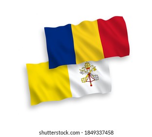 Banderas de olas de tela vectorial nacional de Rumania y el Vaticano aisladas en fondo blanco. de 1 a 2.